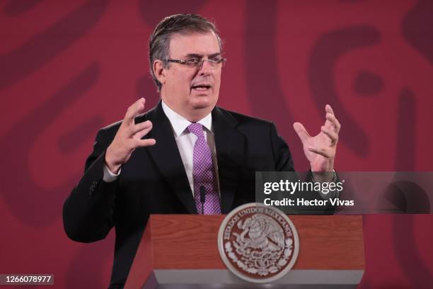 Marcelo Ebrard, foreign minister of Mexico speaks during the announcement that Mexico and Argentina will produce the Oxford Coronavirus Vaccine at...