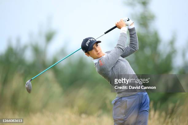 Azahara Munoz of Spain plays her tee shot on the 10th hole during the first round of the Aberdeen Standard Investments Ladies Scottish Open at The...
