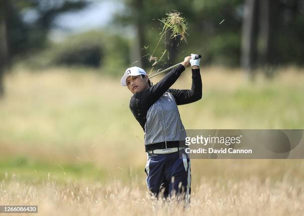 Harukyo Nomura of Japan plays her third shot on the 10th hole during the first round of the Aberdeen Standard Investments Ladies Scottish Open at The...