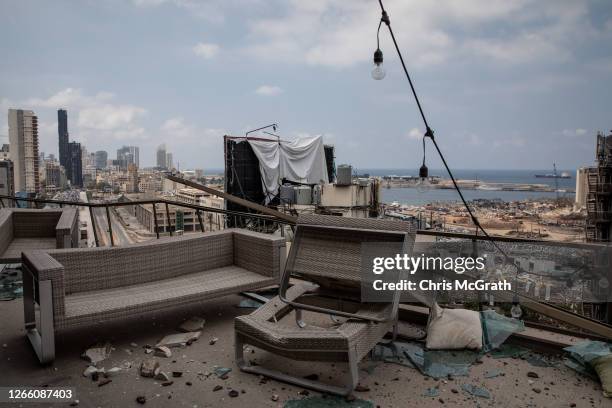 The Beirut port is seen from the damaged balcony of an apartment on August 13, 2020 in Beirut, Lebanon. The explosion at Beirut's port last week...