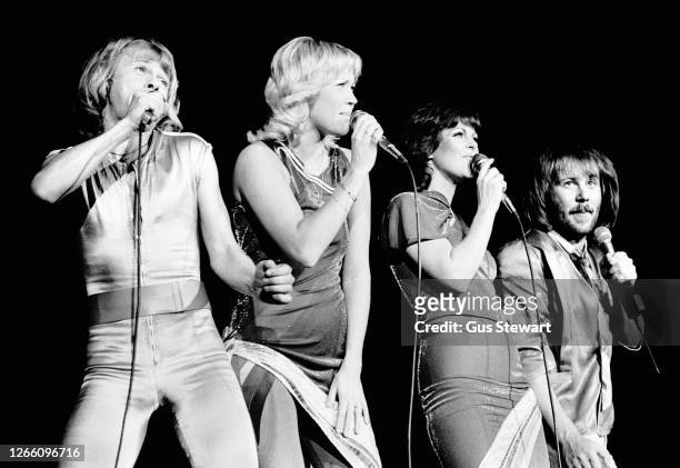 Bjorn Ulvaeus, Agnetha Faltskog, Anni-Frid Lyngstad and Benny Andersson of ABBA perform on stage at the Wembley Arena, London, England, on November...
