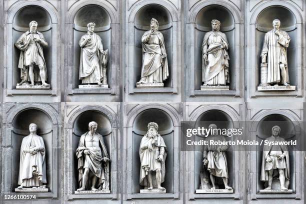 composite of statues of illustrious tuscans artists, uffizi gallery, florence - leonardo da vinci expo in florence stock pictures, royalty-free photos & images