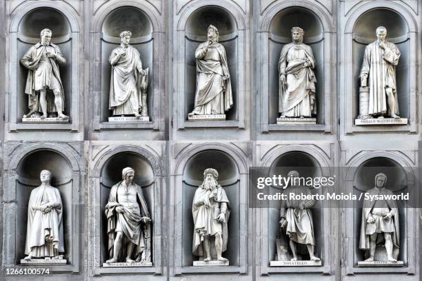 composite of statues of illustrious tuscans artists, uffizi gallery, florence - uffizi museum stock pictures, royalty-free photos & images