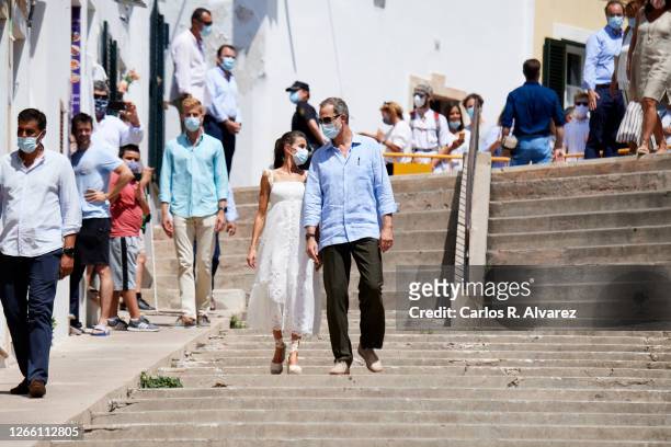 King Felipe VI of Spain and Quen Letizia of Spain visit the port of Ciutadella on August 13, 2020 in Menorca, Spain.