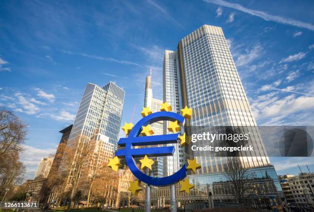 euro symbol in frankfurt - european central bank stock pictures, royalty-free photos & images