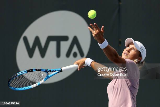 Yulia Putintseva of Kazakhstan serves during her match against Jil Teichmann of Switzerland during Top Seed Open - Day 4 at the Top Seed Tennis Club...