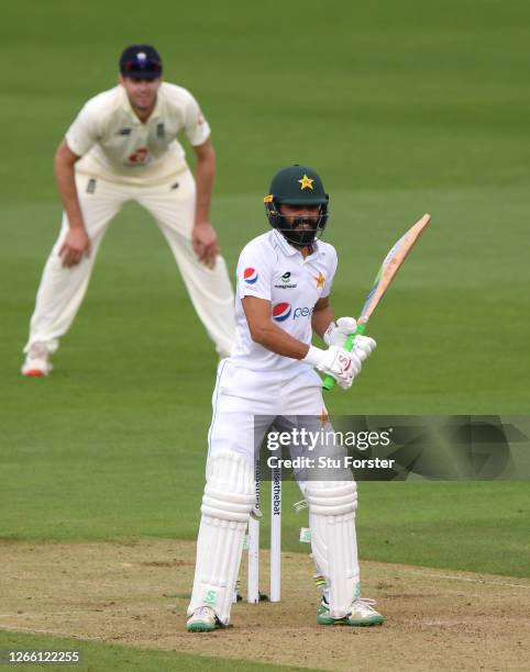 Fawad Alam of Pakistan takes guard during Day One of the 2nd #RaiseTheBat Test Match between England and Pakistan at The Ageas Bowl on August 13,...