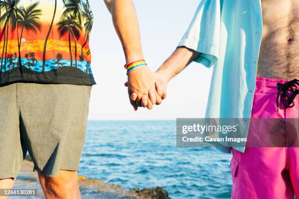 two men in love holding hands on the beach. stock photo. - board shorts stock pictures, royalty-free photos & images