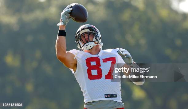 Rob Gronkowski of the Tampa Bay Buccaneers works out during training camp at AdventHealth Training Center on August 13, 2020 in Tampa, Florida.