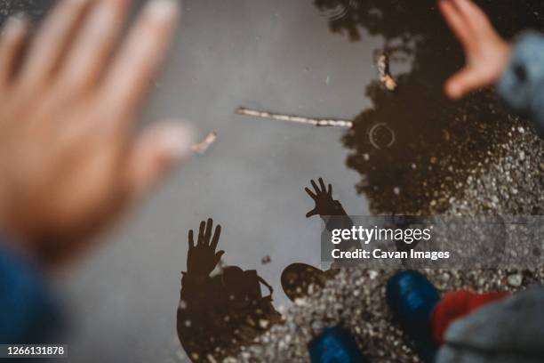 view from above reflection of hands on a puddle of mother and child - puddle stock pictures, royalty-free photos & images