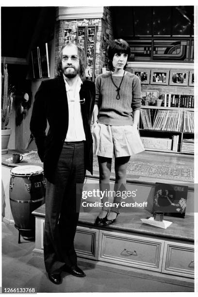 Portrait of English Rock and Blues musician Mick Fleetwood and American VJ Martha Quinn during an interview at MTV Studios, New York, New York,...