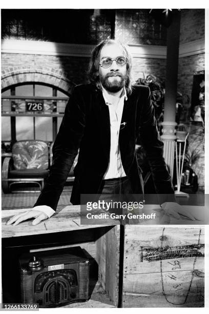 Portrait of English Rock and Blues musician Mick Fleetwood during an interview at MTV Studios, New York, New York, August 17, 1983.