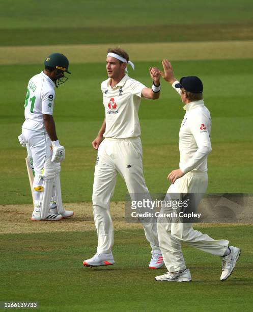Stuart Broad of England celebrates with Zak Crawley after taking the wicket of Asad Shafiq of Pakistan during Day One of the 2nd #RaiseTheBat Test...