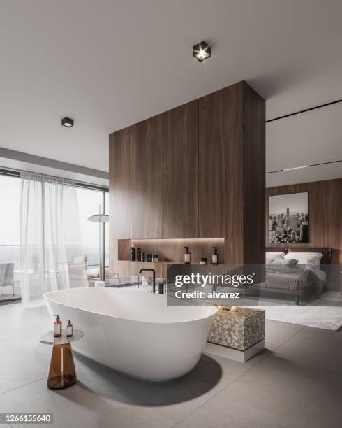 großes badezimmer-interieur in 3d - bathtub stock-fotos und bilder