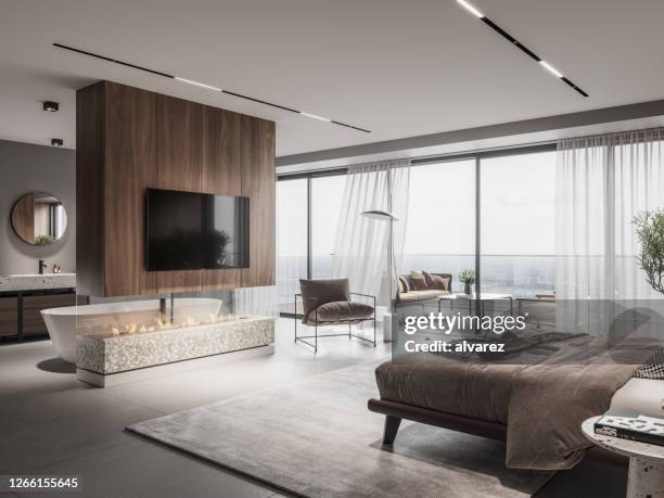 luxurious master bedroom interior - modern apartment stock pictures, royalty-free photos & images