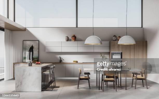 digital erzeugtes bild einer modernen küche mit esstisch - kitchen stock-fotos und bilder