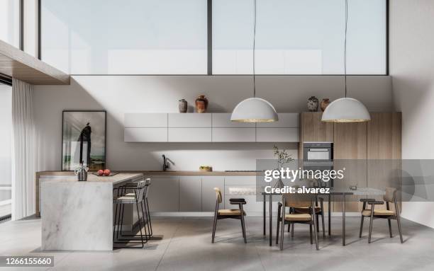 digitally generated image of a modern kitchen with dining table - big living room imagens e fotografias de stock