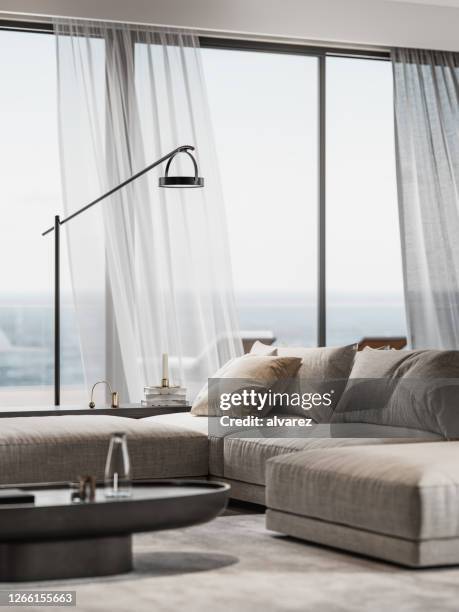 computer generated image of living room interior - window curtains stock pictures, royalty-free photos & images