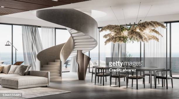 moderne innenausstattung eines großen wohnzimmers in 3d - carpet stairs stock-fotos und bilder