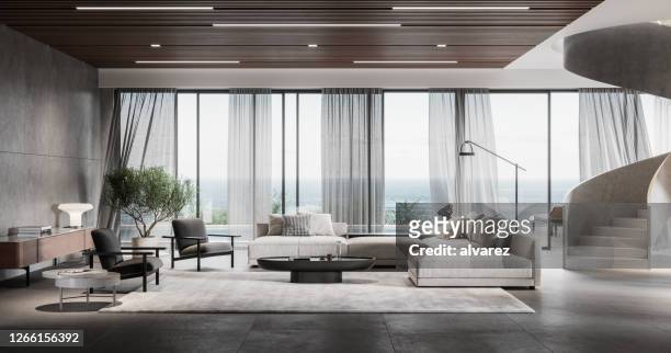 moderno salón en 3d - interior design fotografías e imágenes de stock