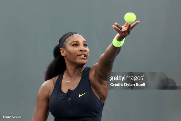 Serena Williams serves during her match against Venus Williams during Top Seed Open - Day 4 at the Top Seed Tennis Club on August 13, 2020 in...