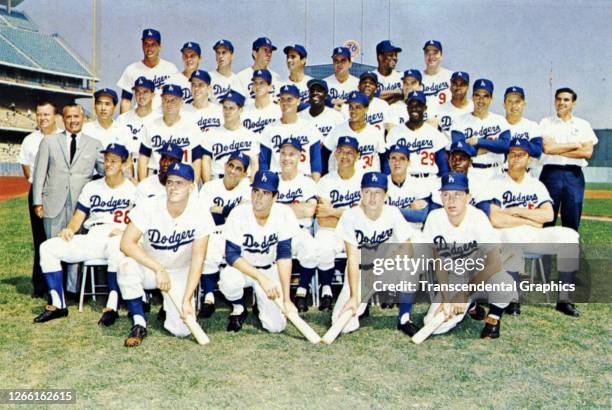 Postcard features a portrait of the members of the Los Angeles Dodgers baseball team as they pose in Dodger Stadium, Los Angeles, California, 1963....