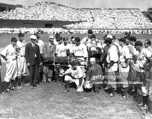 Portrait of members of the Detroit Tigers baseball team as they pose on the field, on Opening Day, Detroit, Michigan, April 1934.