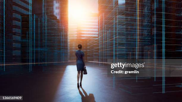 woman walking in empty city with wireframe overlay - building wireframe stock pictures, royalty-free photos & images