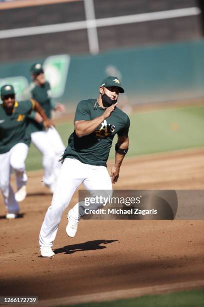 Franklin Barreto of the Oakland Athletics runs the bases during summer workouts at RingCentral Coliseum on July 14, 2020 in Oakland, California.