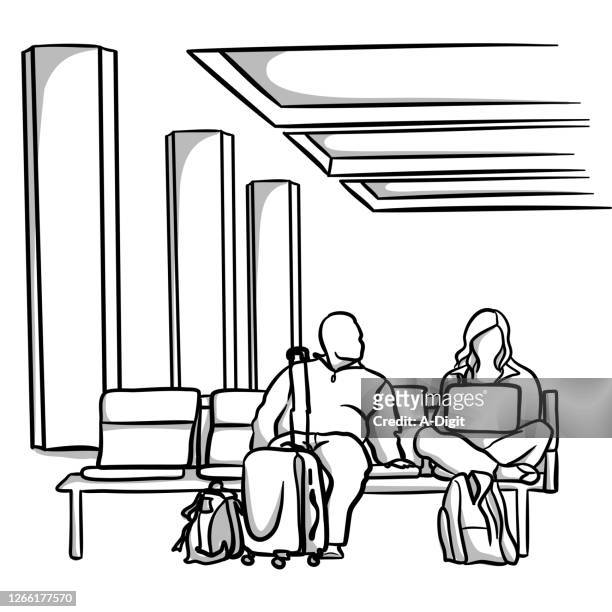 ilustraciones, imágenes clip art, dibujos animados e iconos de stock de retrasos en el aeropuerto en la puerta - suitcase couple