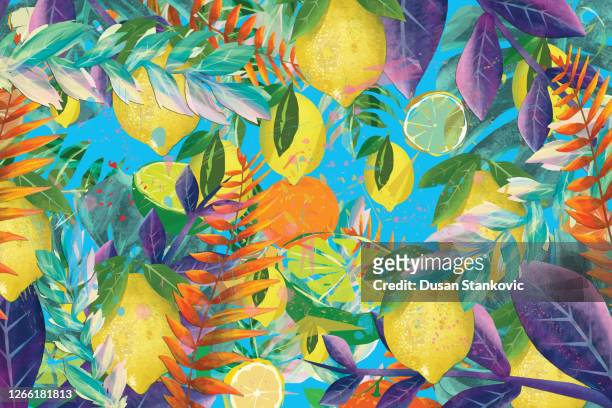 熱帶葉子和檸檬背景。 - lemon fruit 幅插畫檔、美工圖案、卡通及圖標