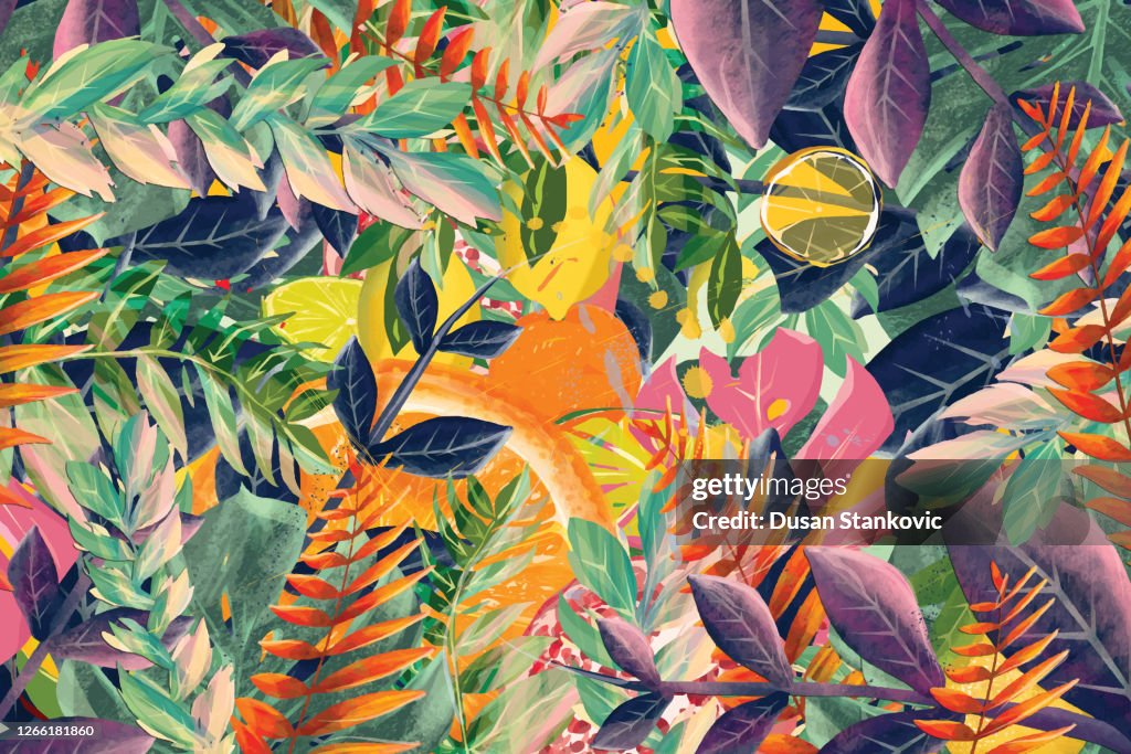 Frutas tropicais e folhas de fundo