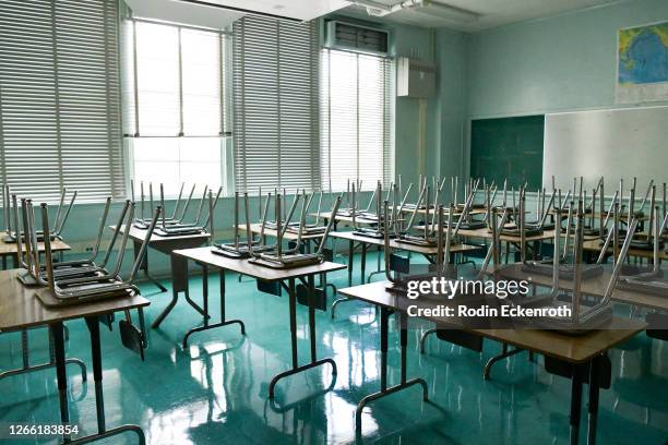 An empty classroom is seen at Hollywood High School on August 13, 2020 in Hollywood, California. With over 734,000 enrolled students, the Los Angeles...