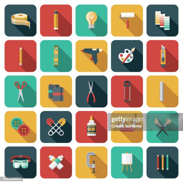 craft supplies icon set - coloured pencils stock illustrations