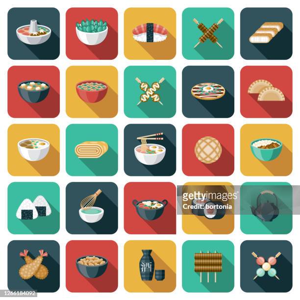 ilustrações, clipart, desenhos animados e ícones de conjunto de ícones de comida japonesa - saquê