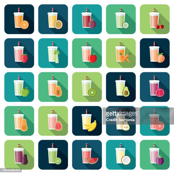 illustrazioni stock, clip art, cartoni animati e icone di tendenza di set di icone smoothie - frozen drink