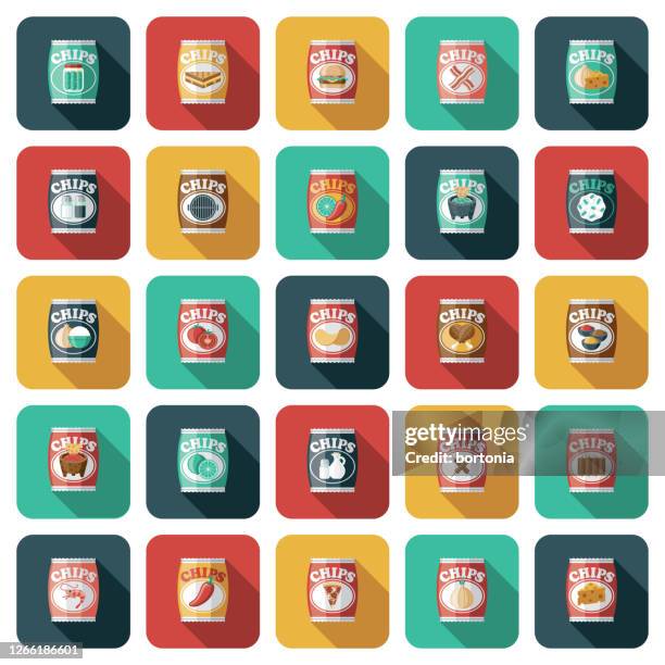 potato chip flavors icon set - chiave stock illustrations