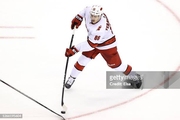 Teuvo Teravainen of the Carolina Hurricanes scores a goal against the Boston Bruins during the second period in Game Two of the Eastern Conference...