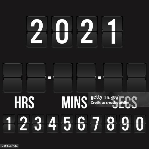 ilustrações de stock, clip art, desenhos animados e ícones de 2021 - flip countdown timer vector. analog black scoreboard digital timer blank. hours, minutes, seconds. - contagem regressiva