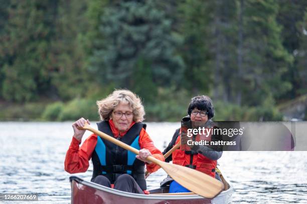 active senior women canoeing on vacation - seniors canoeing stock pictures, royalty-free photos & images