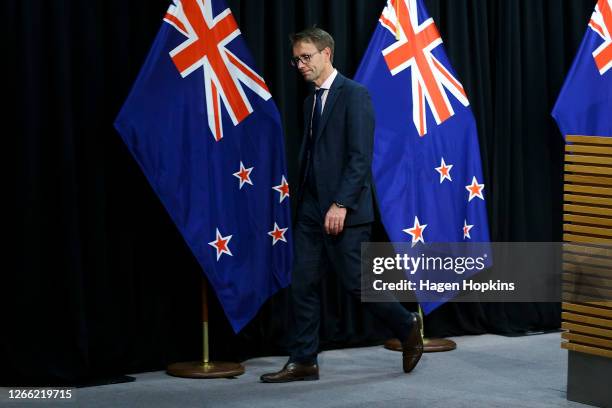 Director-General of Health Dr Ashley Bloomfield makes an exit during a press conference on August 14, 2020 in Wellington, New Zealand. Cabinet has...