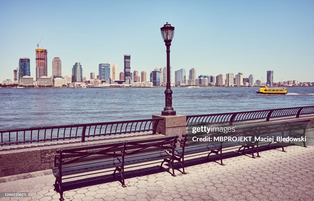 Jersey City skyline seen from downtown New York, USA.