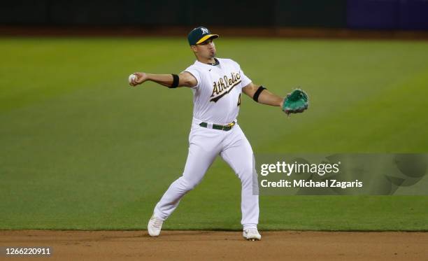 Franklin Barreto of the Oakland Athletics fields during the game against the Los Angeles Angels at RingCentral Coliseum on July 24, 2020 in Oakland,...