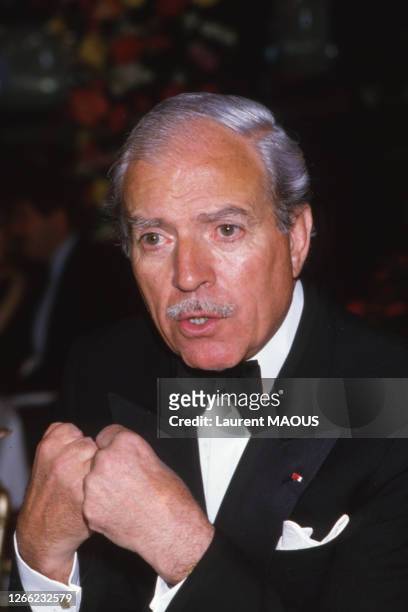 Portrait de l'alpiniste français Maurice Herzog lors de la soirée 'Ernest Hemingway' à l'hôtel Ritz de Paris, le 29 mars 1985, France.
