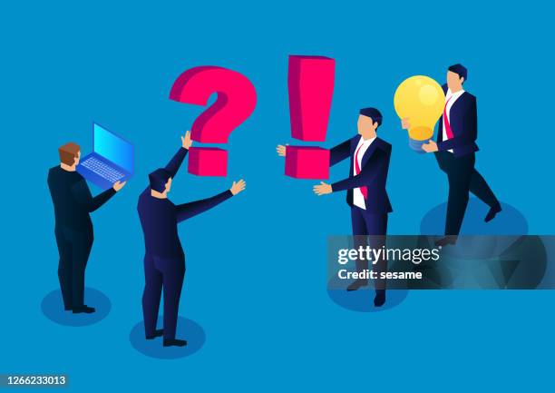 ask questions and solve problems, a group of businessmen raised new issues, another group of businessmen holding a bright light bulb to solve the problem - q and a stock illustrations stock illustrations
