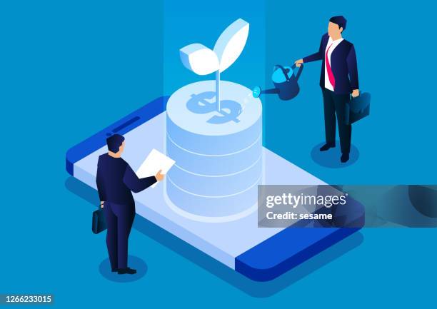 mobile phone financial management sprinkler watering golden coin sprouts, financial investment illustration - silver tip tree stock illustrations