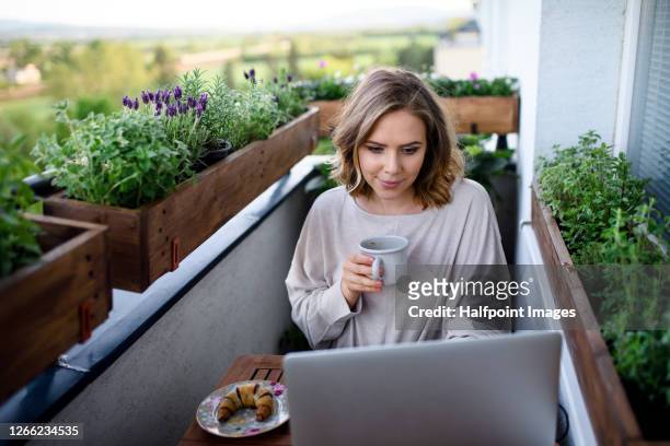 portrait of happy young woman on balcony with flowering plants, relaxing with laptop. - adult woman garden flower stock-fotos und bilder