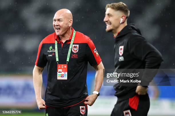Dragons coach Paul McGregor and Zac Lomax of the Dragons share a laugh on the field before the round 14 NRL match between the Parramatta Eels and the...