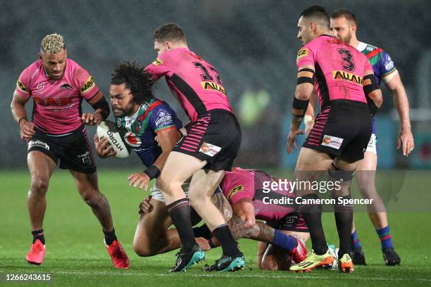 Adam Blair of the Warriors charges forward during the round 14 NRL match between the New Zealand Warriors and the Penrith Panthers at Central Coast...