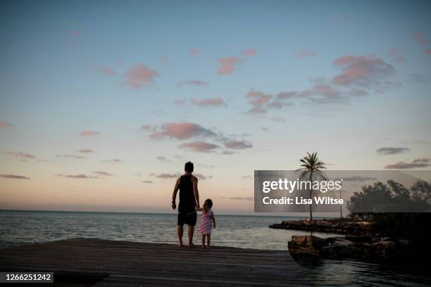 silhouette of father and daughter on a dock at sunset - sunset beach hawaï stockfoto's en -beelden